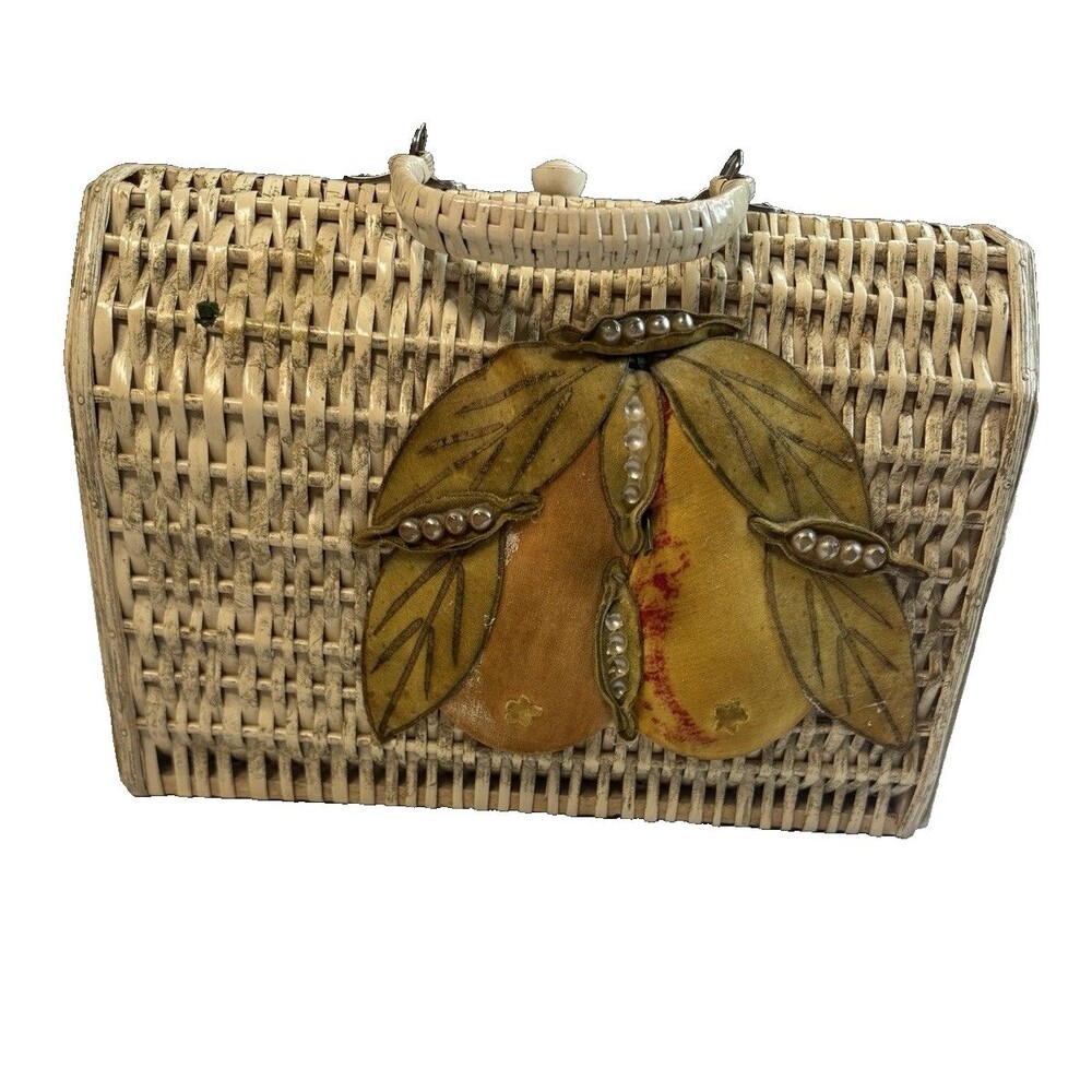 Vintage 1950s Ricci for Shaggee Wicker Box Purse Velvet Fruit Peaches Pearls MCM